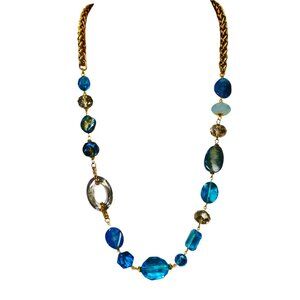 Long aqua blue, turquoise, and gray color bead necklace w/ glass, stone, shell.